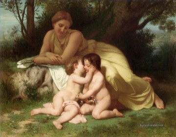  Kinder Malerei - Junge Frau Nachsinnen Zwei Umarmen Kinder Realismus William Adolphe Bouguereau